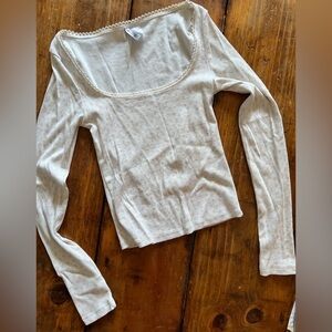 Divided White Long Sleeve Shirt with Pink Flower Detail